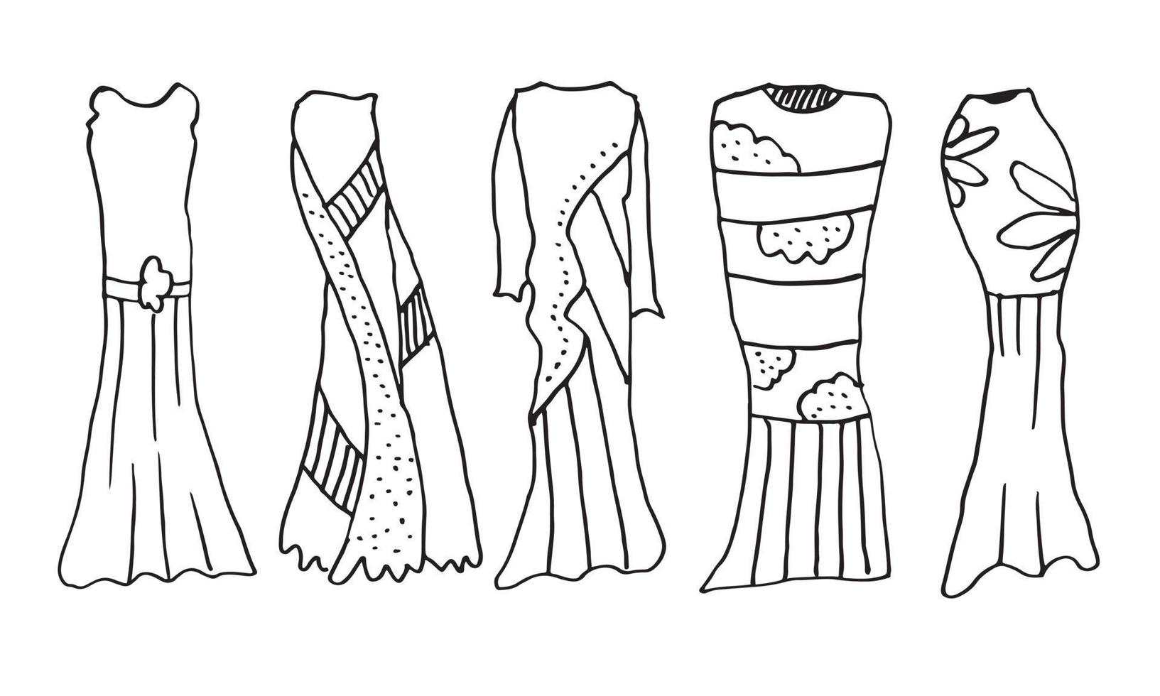 Doodle vector ropa de mujer dibujada a mano sobre fondo blanco.