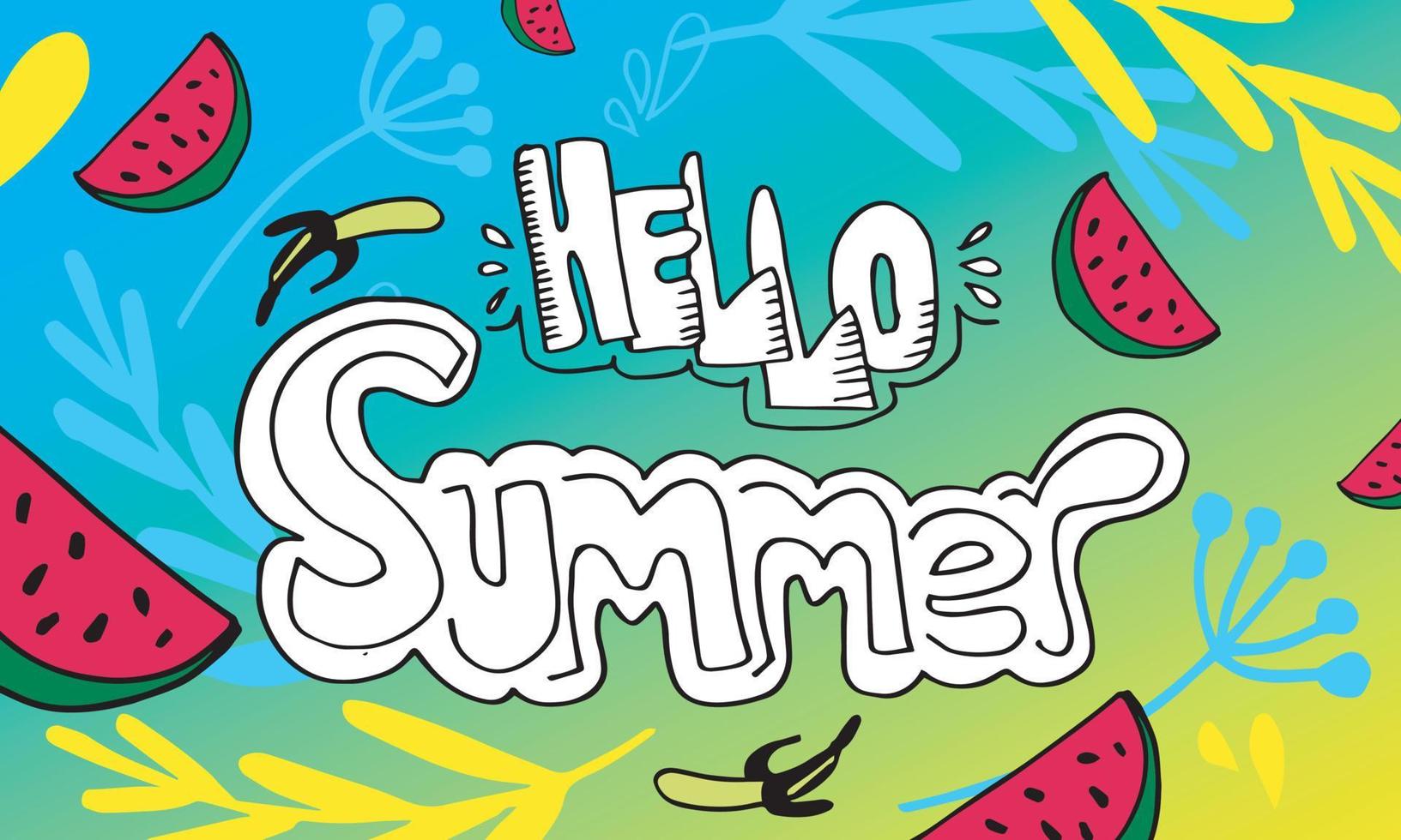 Hello Summer vector illustration, vector background. Calligraphy banner with tropical green leaves. Use for posters, flyers, postcards, banner designs. Watermelon lemon