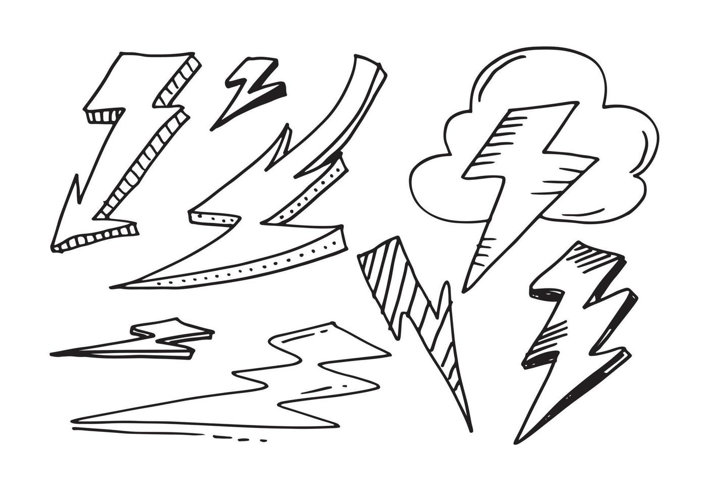Hand Drawn Doodle Lightning Bolt Signs,Warning Symbol illustration and set of lightnings. vector