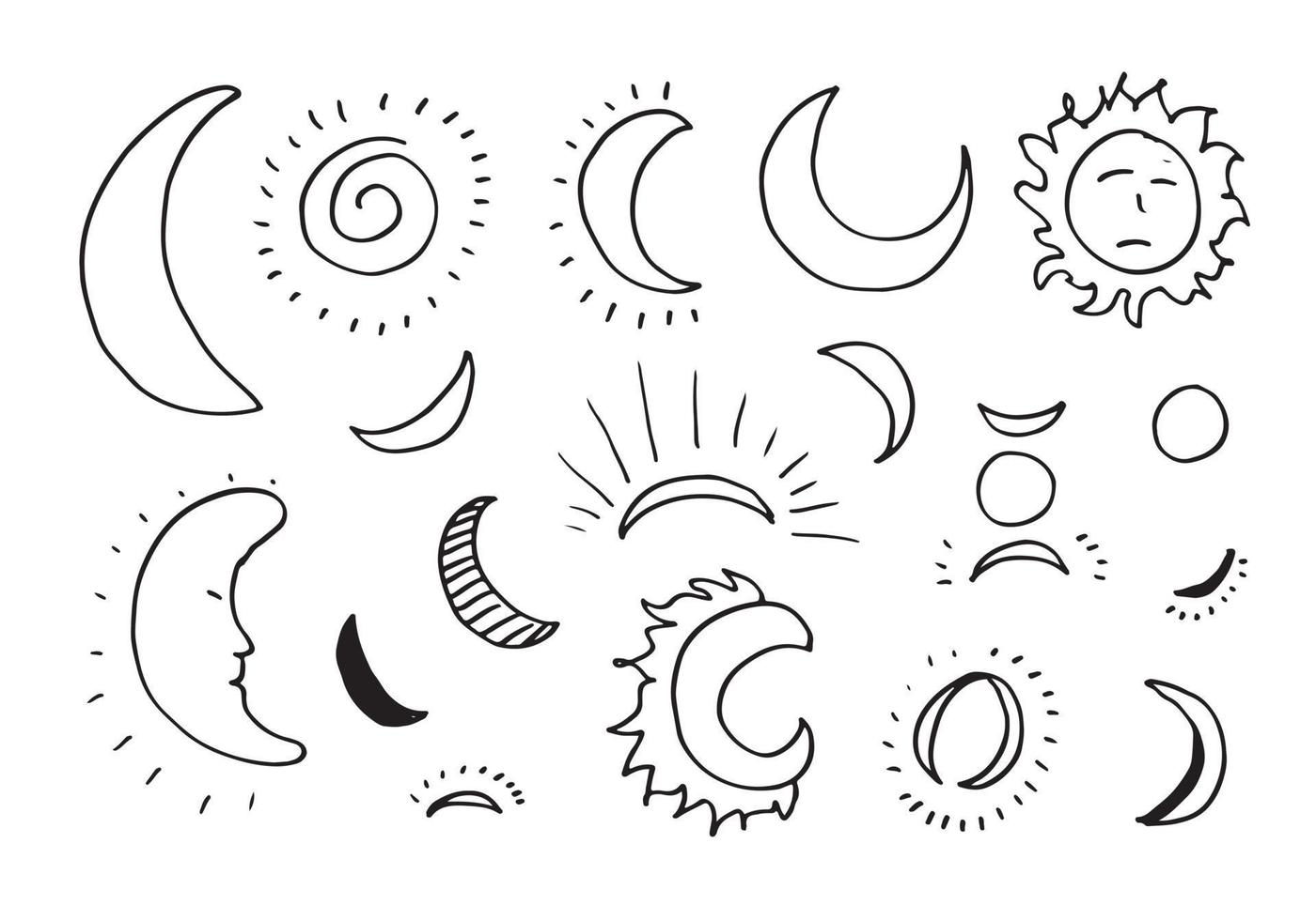 Cute and funny sun, moon doodle icons. Vector set