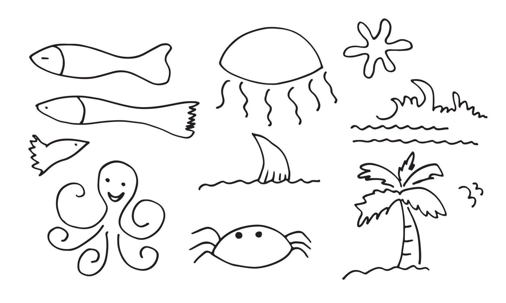 sea doodle drawing vector set on white background.