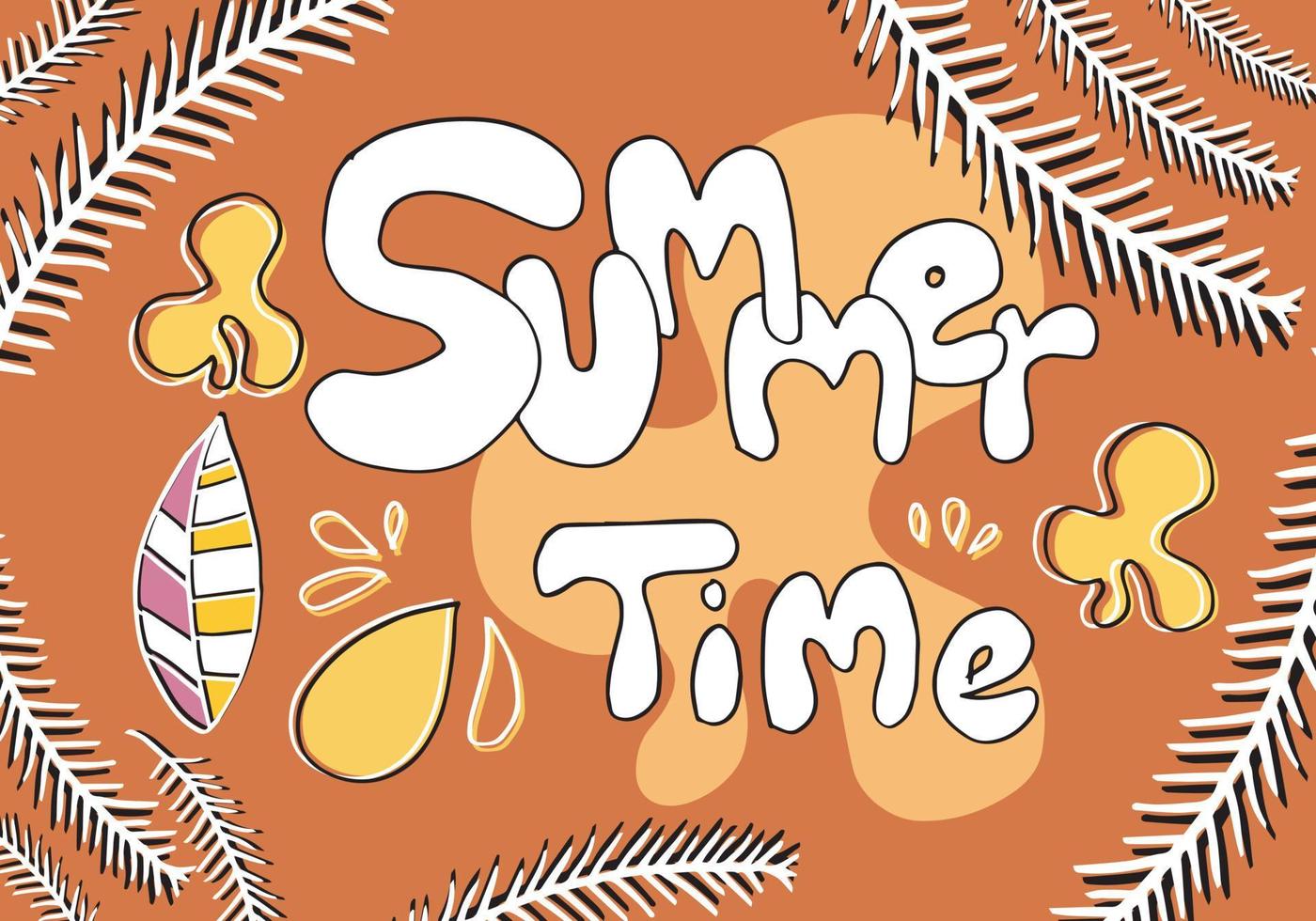 Ilustración de vector de horario de verano, fondo de vector. banner de caligrafía con hojas tropicales. utilícelo para carteles, volantes, postales, diseños de pancartas. ilustración vectorial.