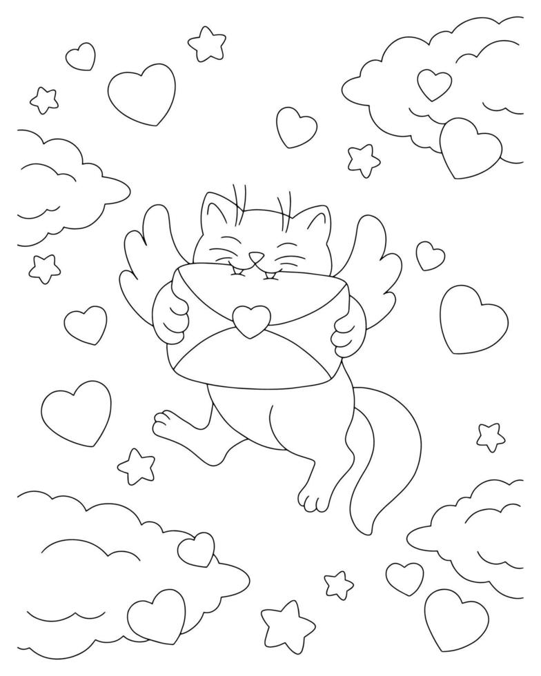 A cat with wings carries a love letter. Coloring book page for kids. Valentine's Day. Cartoon style character. Vector illustration isolated on white background.
