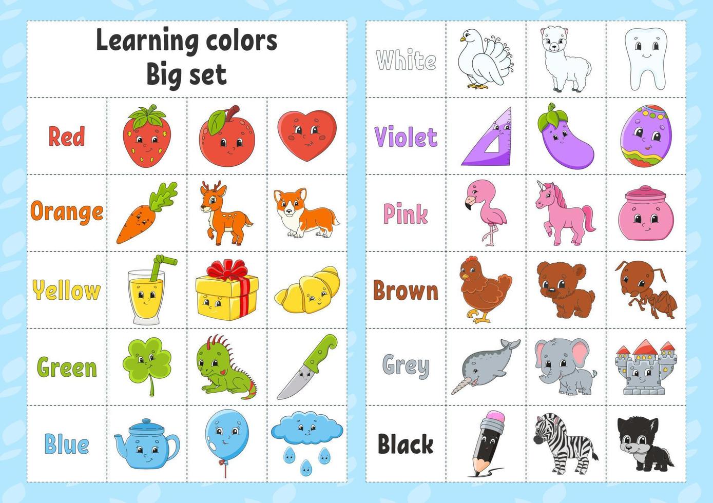 Learning colors. Flashcard for kids. Cute cartoon characters. Picture set for preschoolers. Education worksheet. Vector illustration.