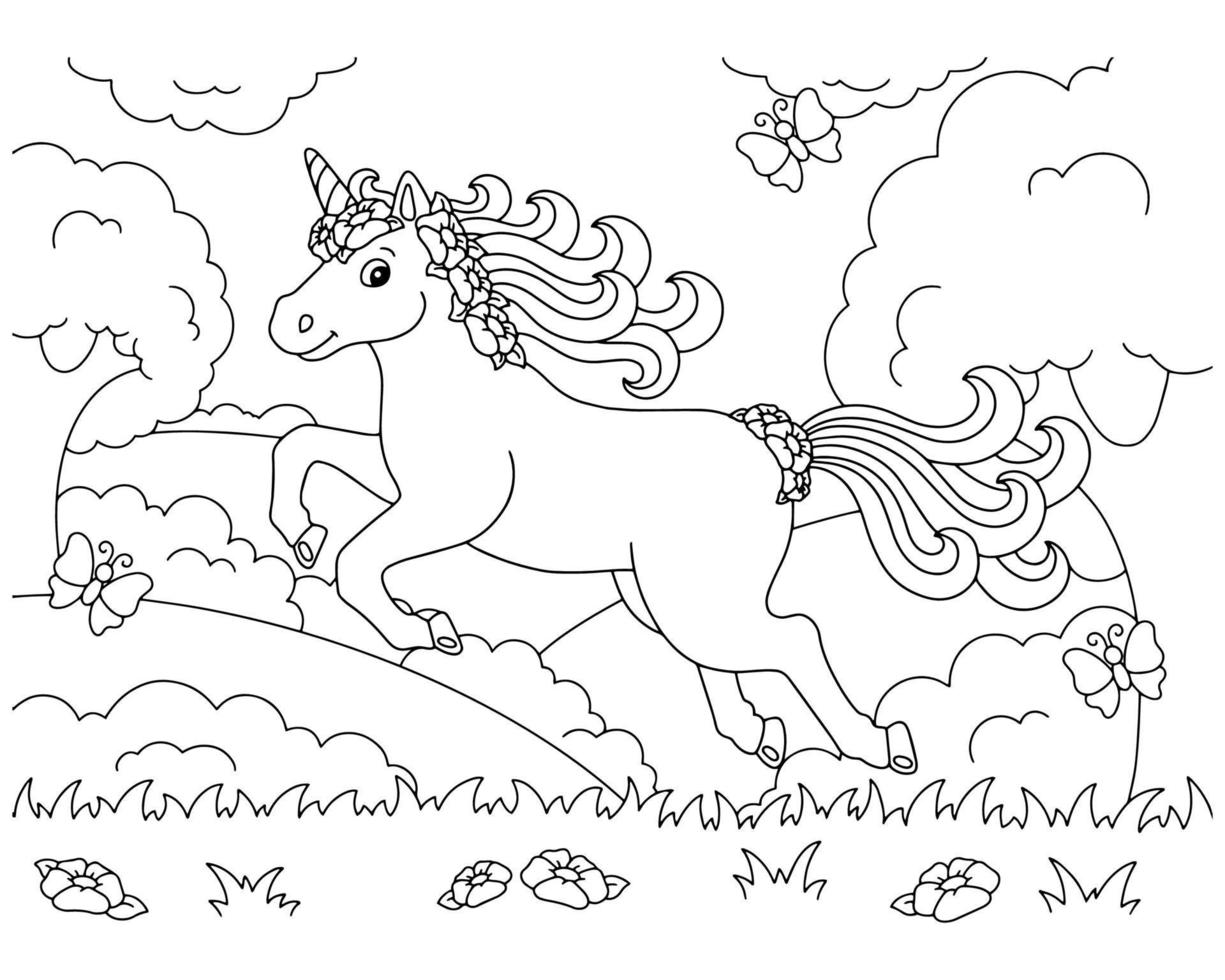 The unicorn jumps across the clearing. Coloring book page for kids. Cartoon style character. Vector illustration isolated on white background.