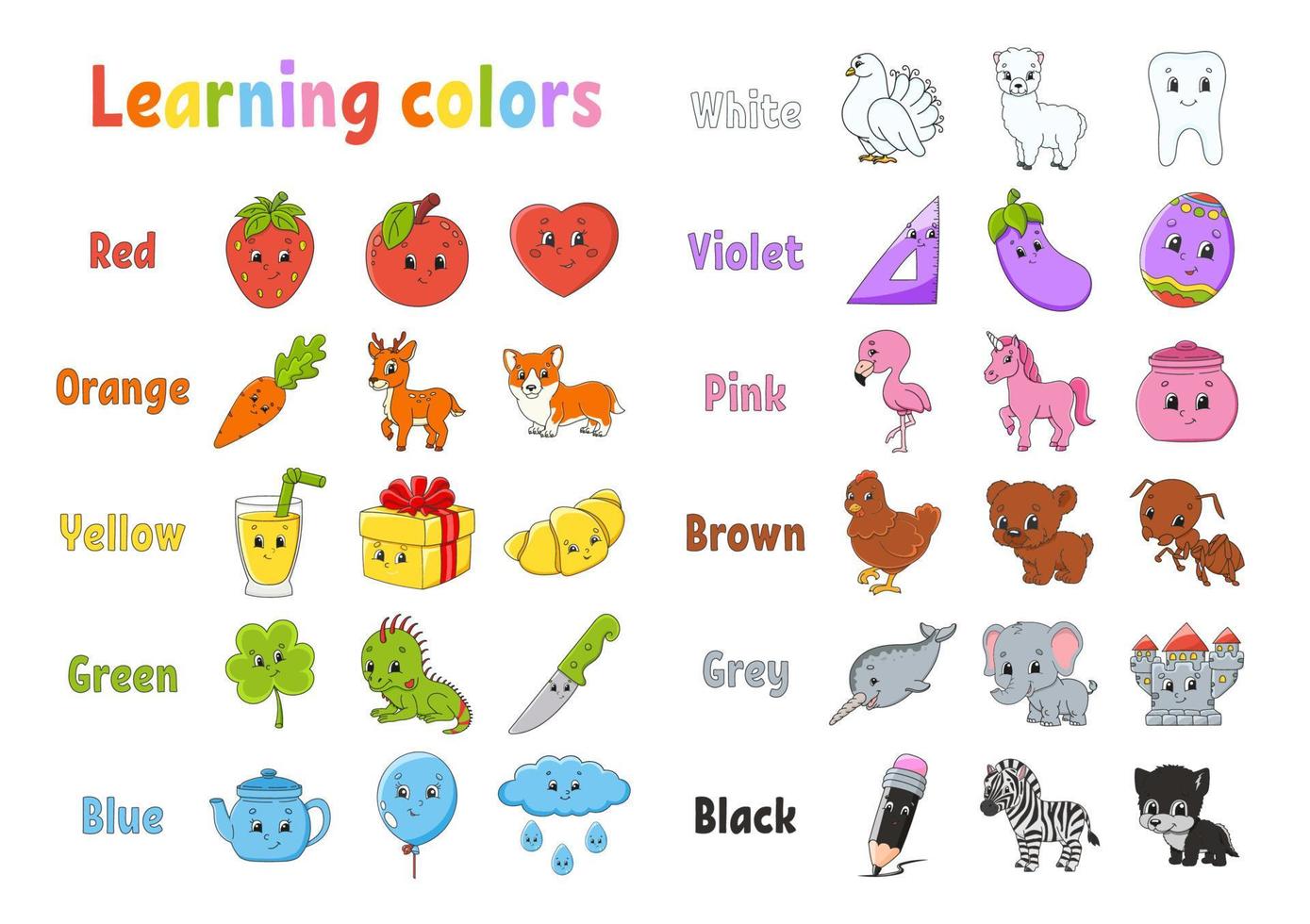 Learning colors. Flashcard for kids. Cute cartoon characters. Picture set for preschoolers. Education worksheet. Vector illustration.