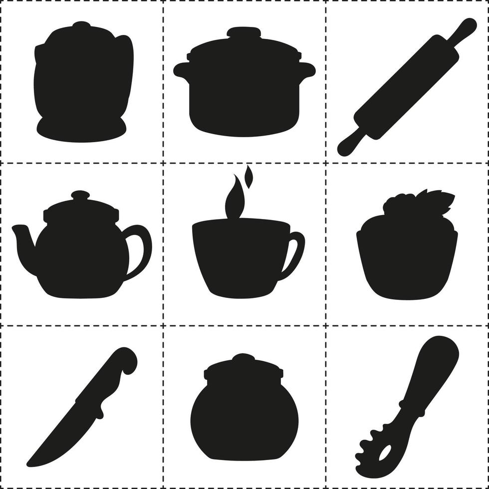 Black silhouette. Dinnerware theme. Vector illustration isolated on white background. Template for books, stickers, posters, cards, clothes.