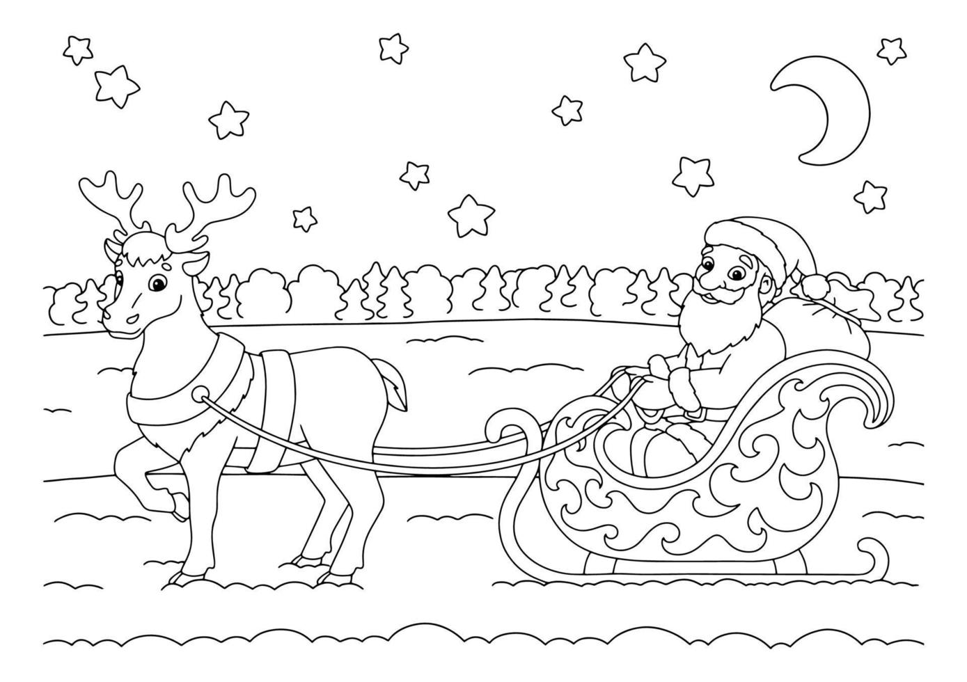 Santa Claus is sitting on a Christmas sleigh. The deer is carrying gifts for children. Coloring book page for kids. Cartoon style character. Vector illustration isolated on white background.