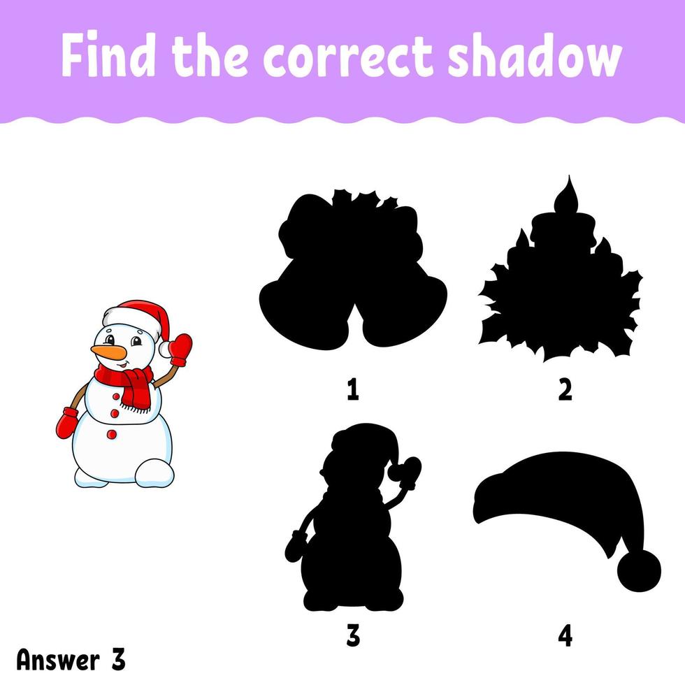 Find the correct shadow. Education developing worksheet. Christmas theme. Matching game for kids. Activity page. Puzzle for children. cartoon character. Isolated vector illustration.