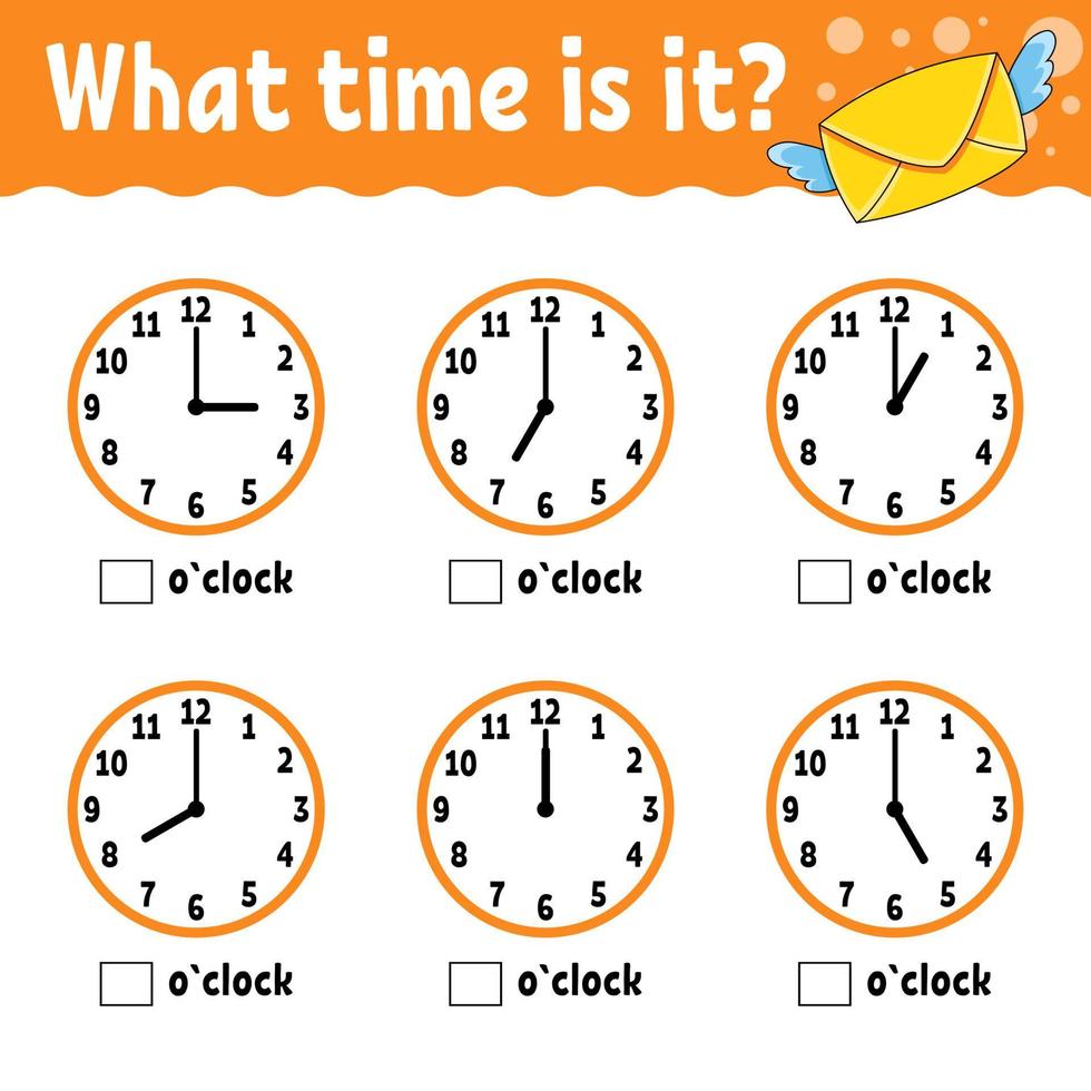Learning time on the clock. Educational activity worksheet for kids and toddlers. Game for children. Simple flat isolated color vector illustration in cute cartoon style.