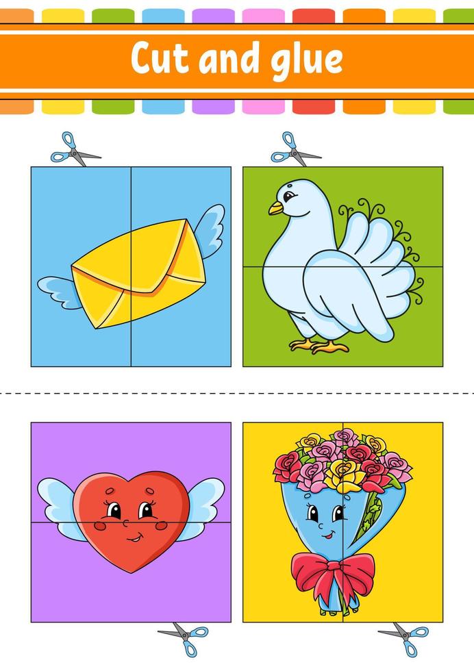 Cut and play. Paper game with glue. Flash cards. Education worksheet. Activity page. Funny character. Isolated vector illustration. cartoon style. Valentine's Day