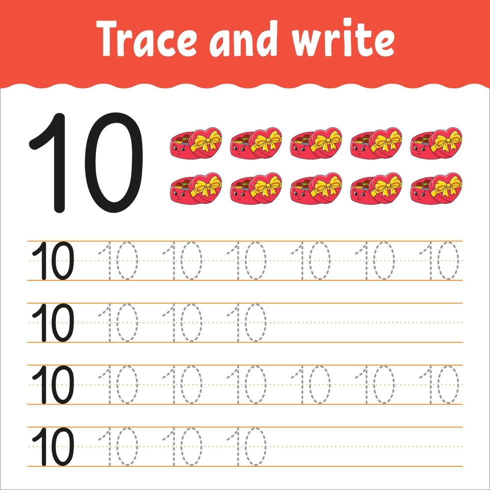 Learn Numbers. Trace and write. Handwriting practice. Education developing worksheet. Color activity page. Isolated vector illustration in cute cartoon style.