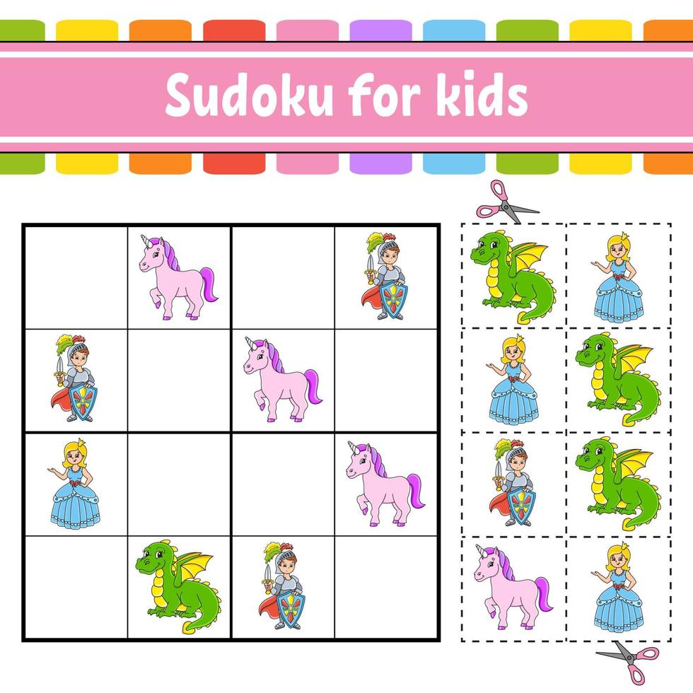 sudoku para niños. tema de cuento de hadas. hoja de trabajo de desarrollo educativo. página de actividades con imágenes. juego de rompecabezas para niños. ilustración vectorial aislada. personaje divertido. estilo de dibujos animados. vector