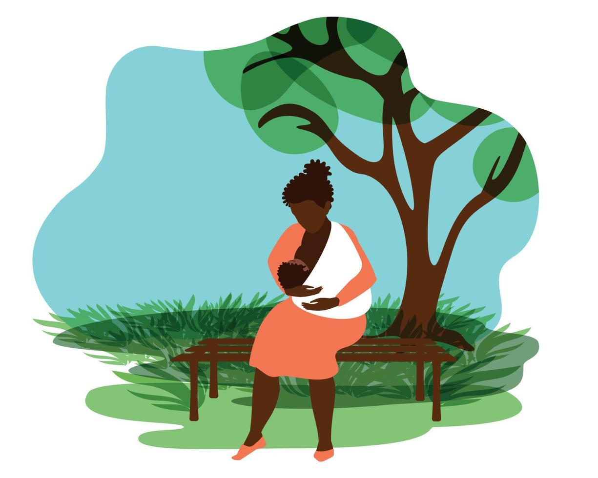 una mujer afroamericana negra amamanta a un niño pequeño mientras se sienta en un banco del parque. bebé en un cabestrillo. alimentación pública. fondo natural. vector