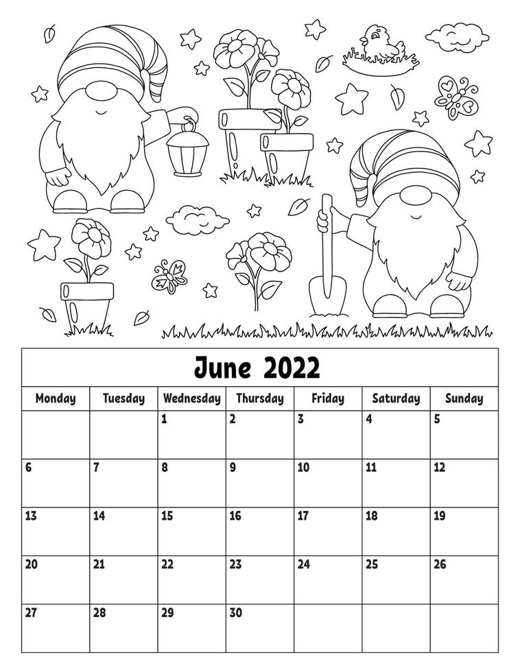 Vertical calendar for 2022 with a cute character. Coloring page for kids. Week starts on Monday. Isolated vector illustration. Cartoon style.