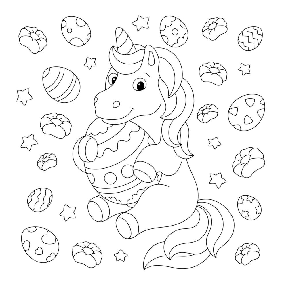 A cute unicorn is holding an Easter egg. Coloring book page for kids. Cartoon style character. Vector illustration isolated on white background.