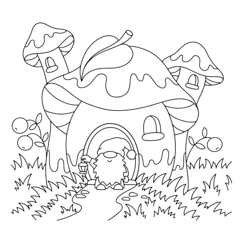 Mushroom house and garden gnome. Coloring book page for kids. Cartoon style character. Vector illustration isolated on white background.