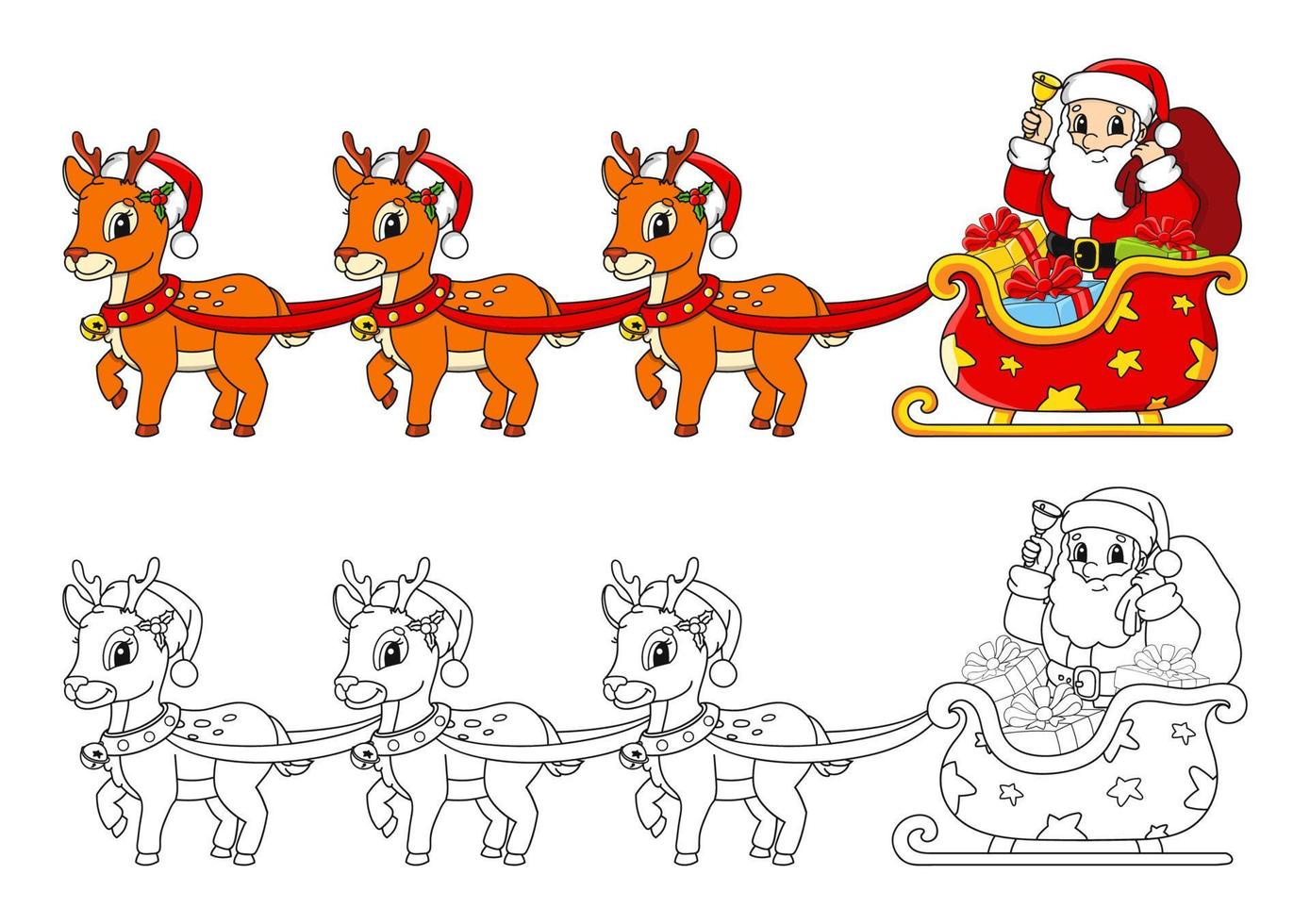 Christmas sleigh. Santa claus with gifts. Winter deer. Christmas theme. Coloring book page for kids. Cartoon style. Vector illustration isolated on white background.