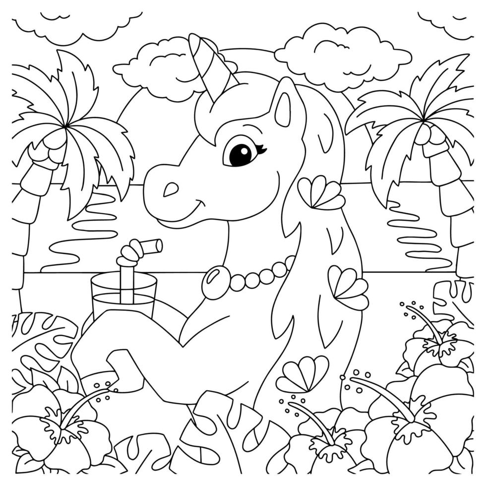 Magic fairy horse. Unicorn is drinking juice on the beach. Coloring book page for kids. Cartoon style character. Vector illustration isolated on white background.