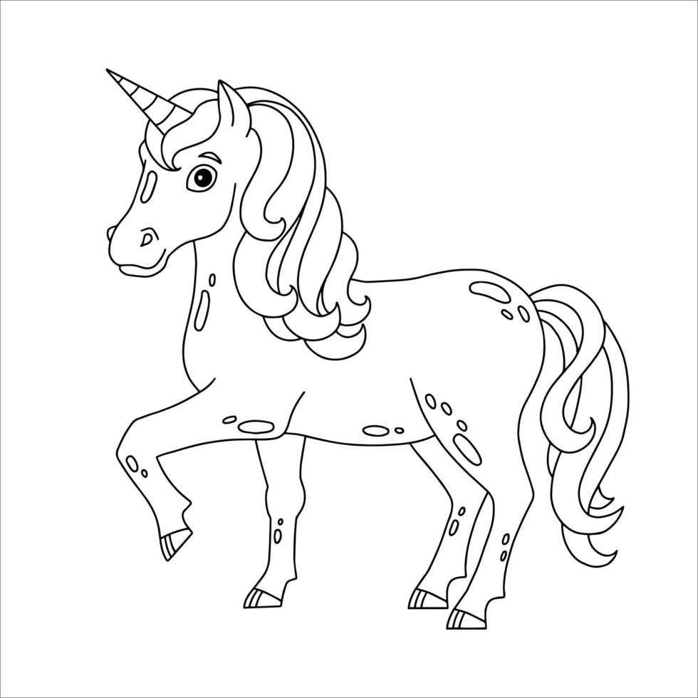 Cute unicorn. Magic fairy horse. Coloring book page for kids. Cartoon style. Vector illustration isolated on white background.