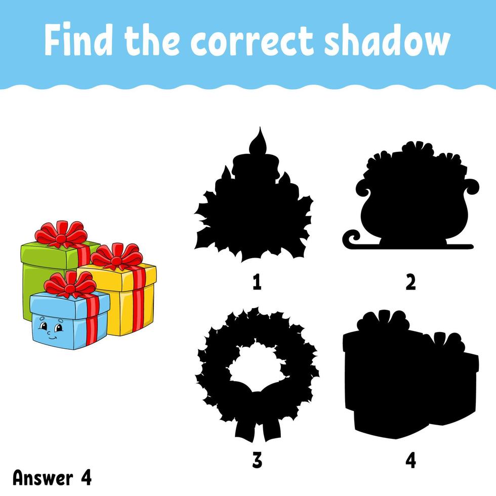 Find the correct shadow. Education developing worksheet. Christmas theme. Matching game for kids. Activity page. Puzzle for children. cartoon character. Isolated vector illustration.
