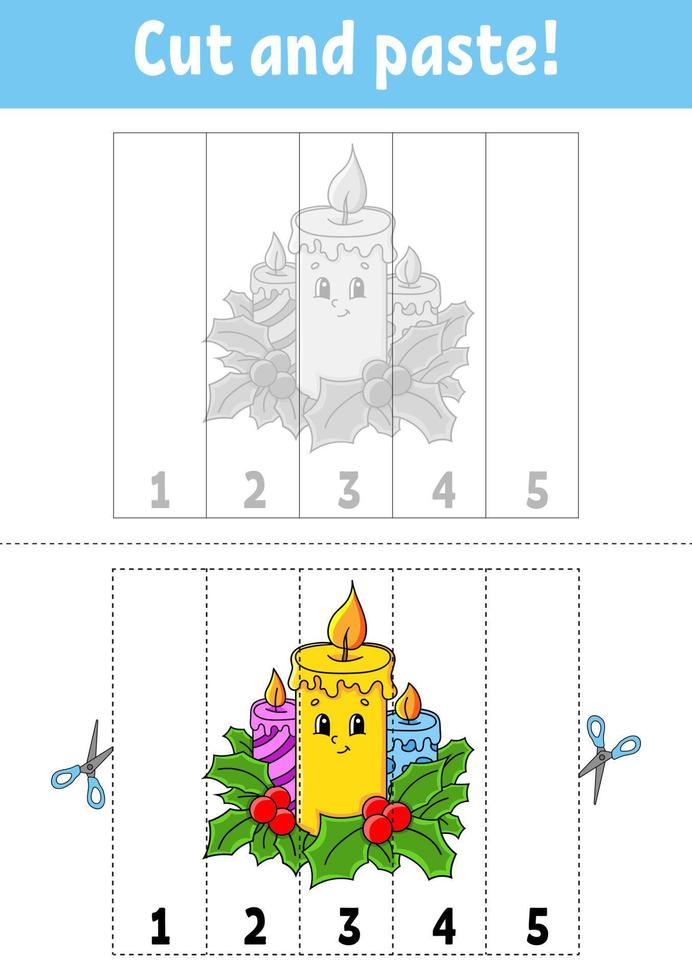 Learning numbers 1-5. Cut and glue. cartoon character. Education developing worksheet. Christmas theme. Game for kids. Activity page. Color isolated vector illustration.