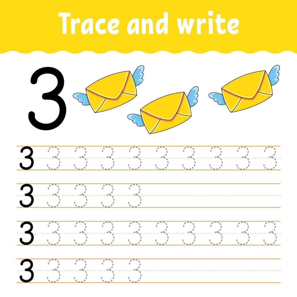 Learn Numbers. Trace and write. Handwriting practice. Education developing worksheet. Color activity page. Isolated vector illustration in cute cartoon style.