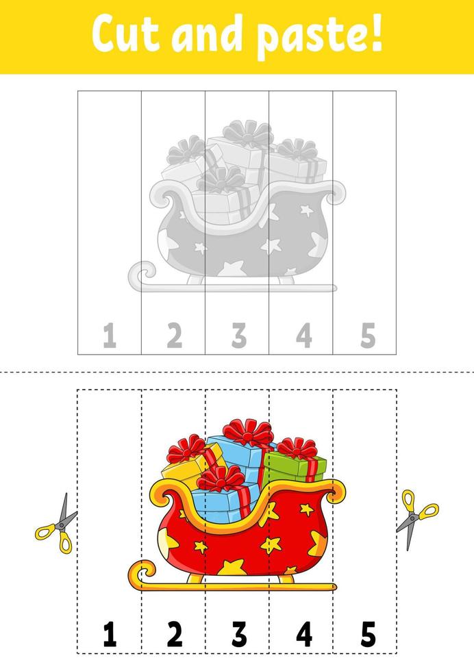 Learning numbers 1-5. Cut and glue. cartoon character. Education developing worksheet. Christmas theme. Game for kids. Activity page. Color isolated vector illustration.