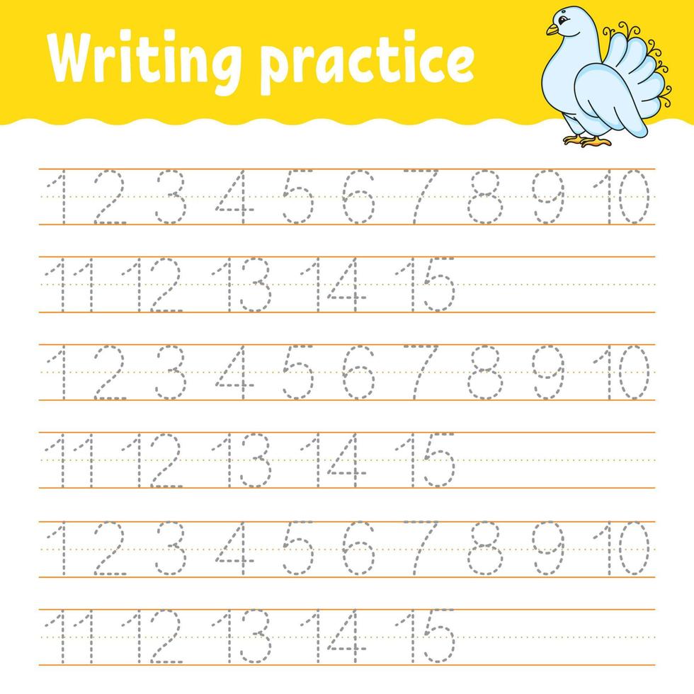 Learn Numbers. Trace and write. Handwriting practice. Education developing worksheet. Color activity page. Isolated vector illustration in cute cartoon style.
