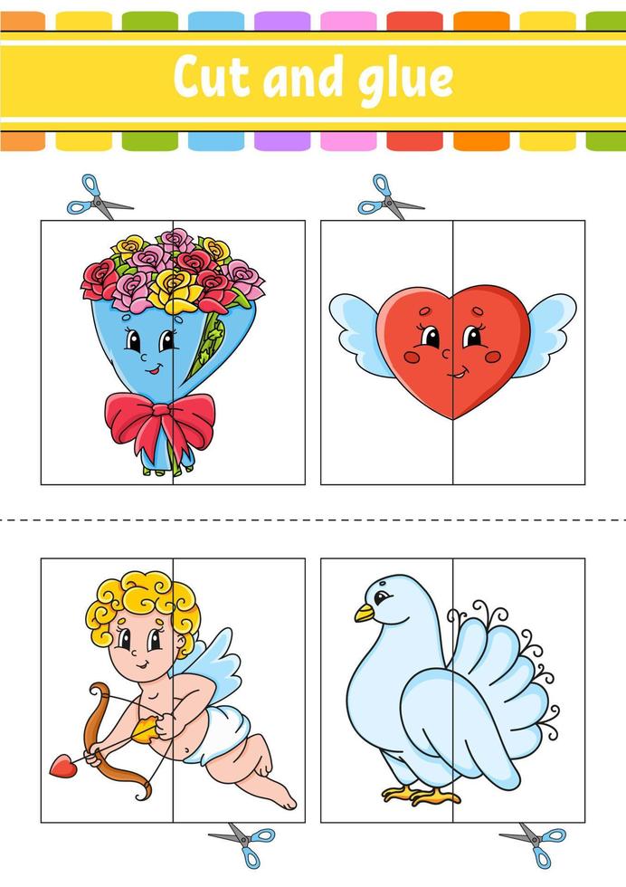 Cut and play. Paper game with glue. Flash cards. Education worksheet. Activity page. Funny character. Isolated vector illustration. cartoon style. Valentine's Day