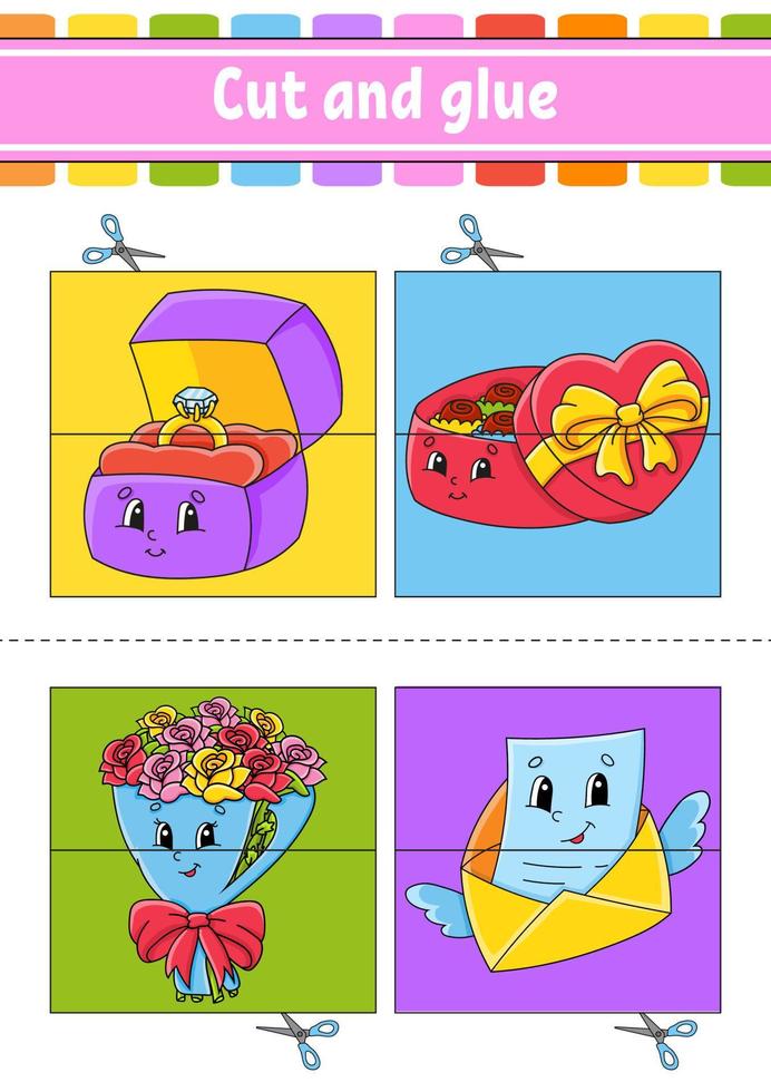 Cut and play. Paper game with glue. Flash cards. Education worksheet. Activity page. Funny character. Isolated vector illustration. cartoon style. Valentine's Day