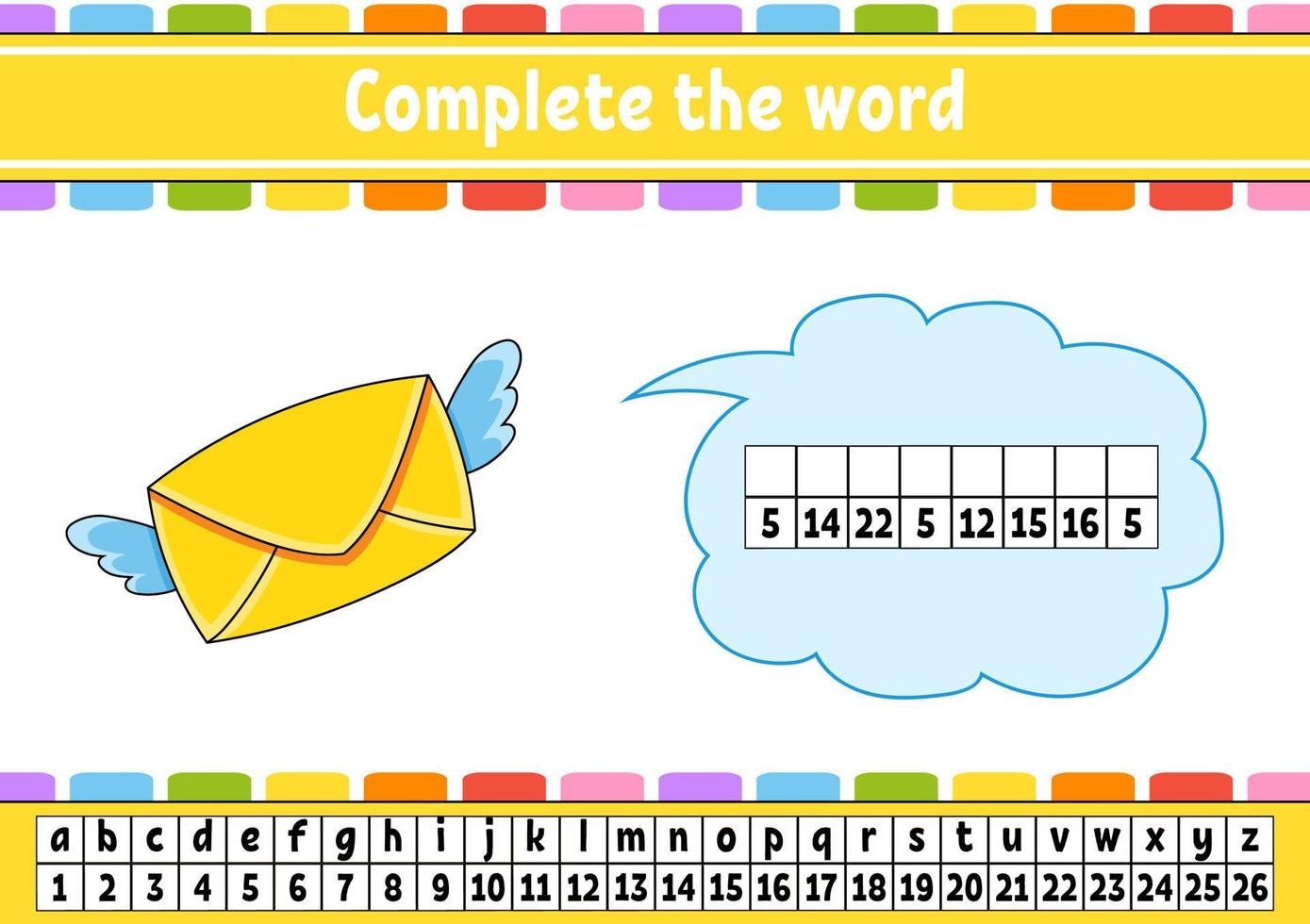 Complete the words. Cipher code. Learning vocabulary and numbers. Education worksheet. Activity page for study English. Isolated vector illustration. cartoon character.