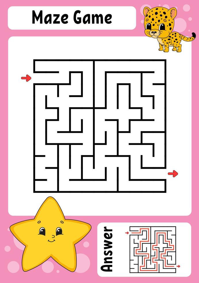 Square maze. Game for kids. Funny labyrinth. Education developing worksheet. Activity page. Puzzle for children. Cartoon style. Riddle for preschool. Logical conundrum. Color vector illustration.