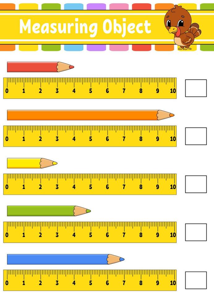 Measuring object with ruler. Education developing worksheet. Game for kids. Color activity page. Puzzle for children. Cute character. Vector illustration. cartoon style.