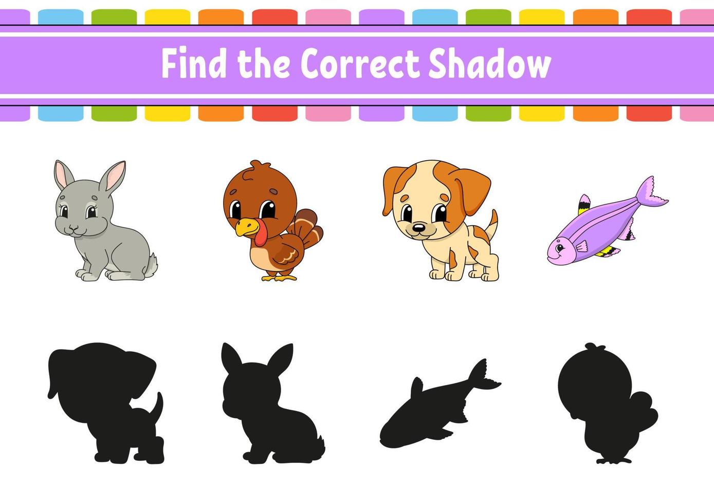 Find the correct shadow. Animal theme. Education developing worksheet. Matching game for kids. Color activity page. Puzzle for children. Cute character. Vector illustration. cartoon style.