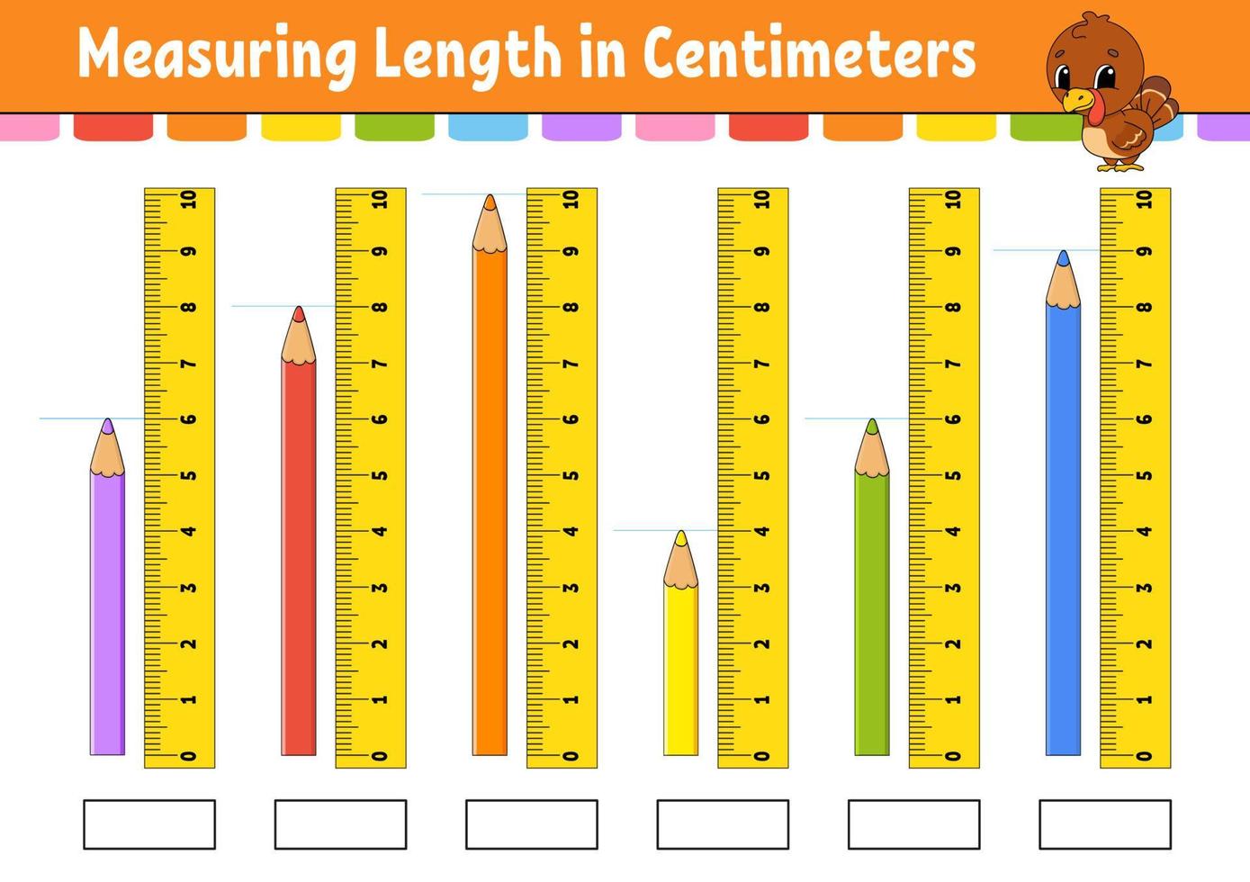 Measuring length in centimeter with ruler. Education developing worksheet. Game for kids. Color activity page. Puzzle for children. Cute character. Vector illustration. cartoon style.