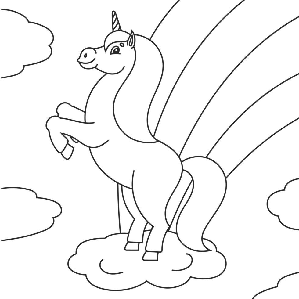 libro para colorear para niños. el unicornio mágico se encabritó. el animal caballo se para sobre sus patas traseras. estilo de dibujos animados. Ilustración de vector plano simple.