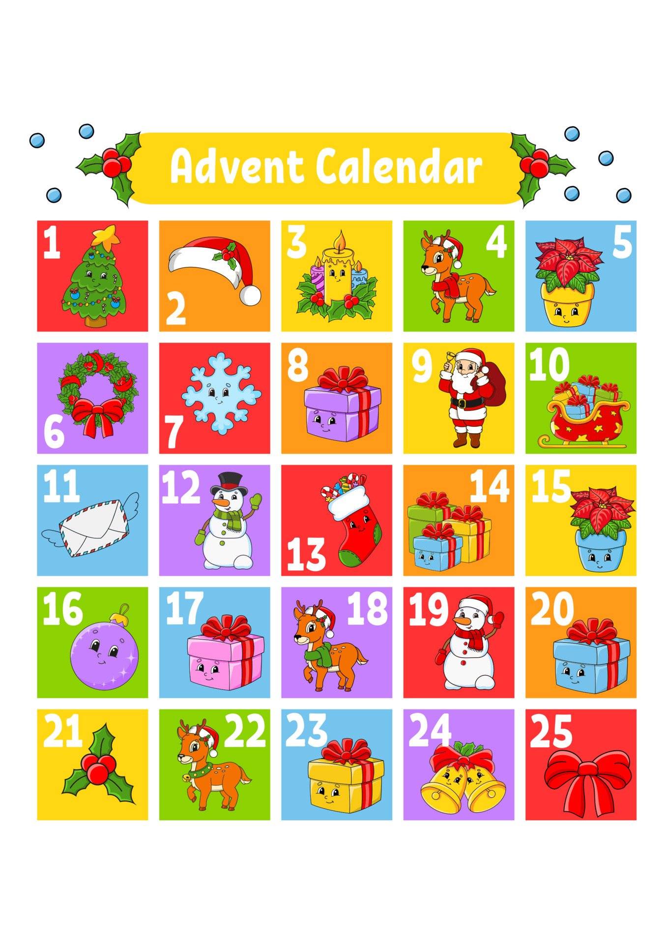 Christmas advent calendar with cute characters. Santa claus, deer, snowman,  fir tree, snowflake, gift, bauble, sock. Cartoon style. With numbers 1 to  25. Vector illustration. Holiday preparation. 5516389 Vector Art at Vecteezy