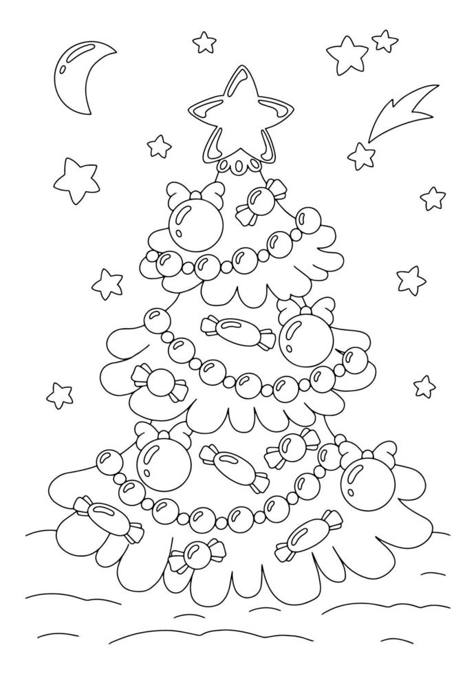 árbol de navidad decorado. página de libro para colorear para niños. personaje de estilo de dibujos animados. ilustración vectorial aislado sobre fondo blanco. vector