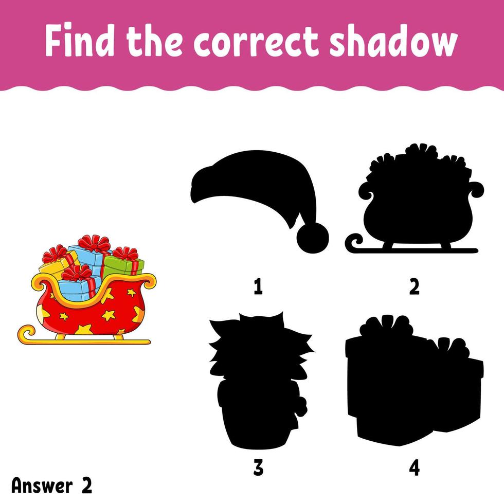 Find the correct shadow. Education developing worksheet. Christmas theme. Matching game for kids. Activity page. Puzzle for children. cartoon character. Isolated vector illustration.