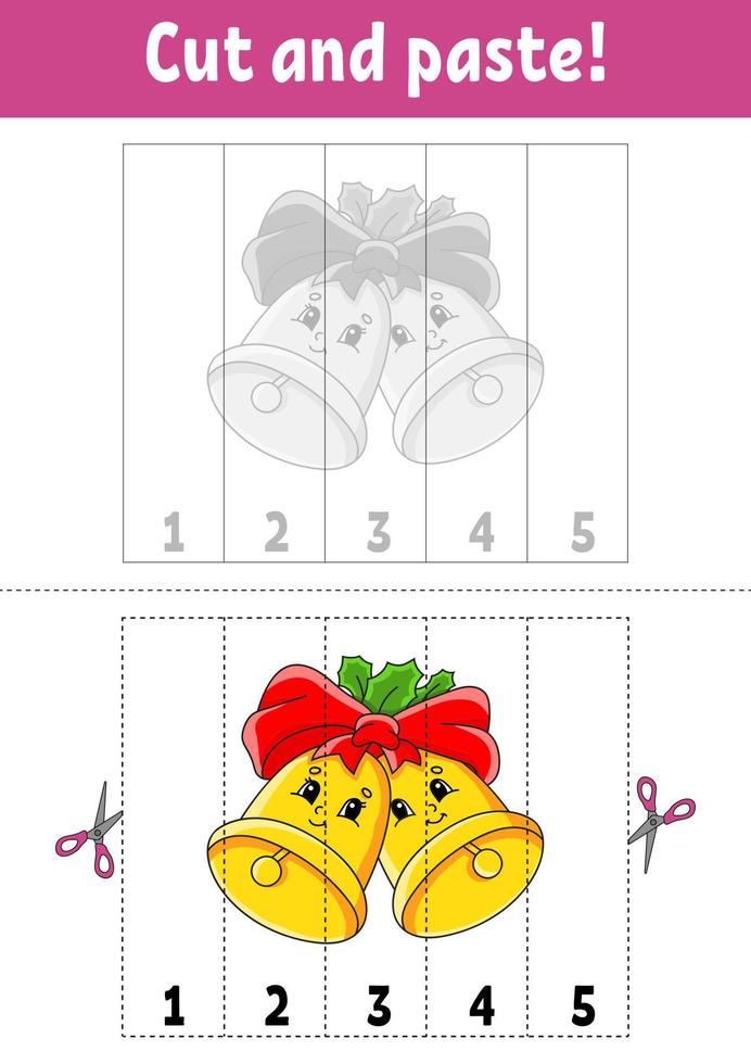 Learning numbers 1-5. Cut and glue. cartoon character. Education developing worksheet. Christmas theme. Game for kids. Activity page. Color isolated vector illustration.