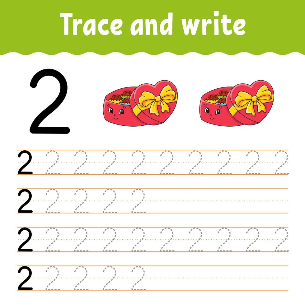 Learn Numbers. Trace and write. Handwriting practice. Education developing worksheet. Color activity page. Isolated vector illustration in cute cartoon style.