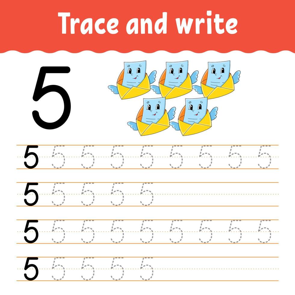 Learn Numbers. Trace and write. Handwriting practice. Education developing worksheet. Color activity page. Isolated vector illustration in cute cartoon style.