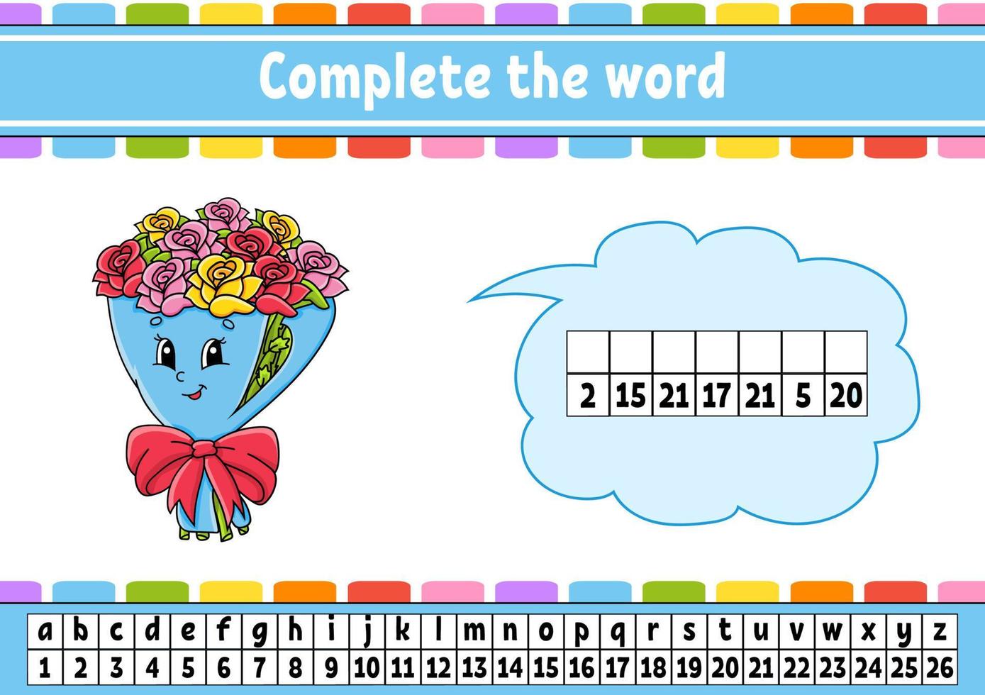 Complete the words. Cipher code. Learning vocabulary and numbers. Education worksheet. Activity page for study English. Isolated vector illustration. cartoon character.