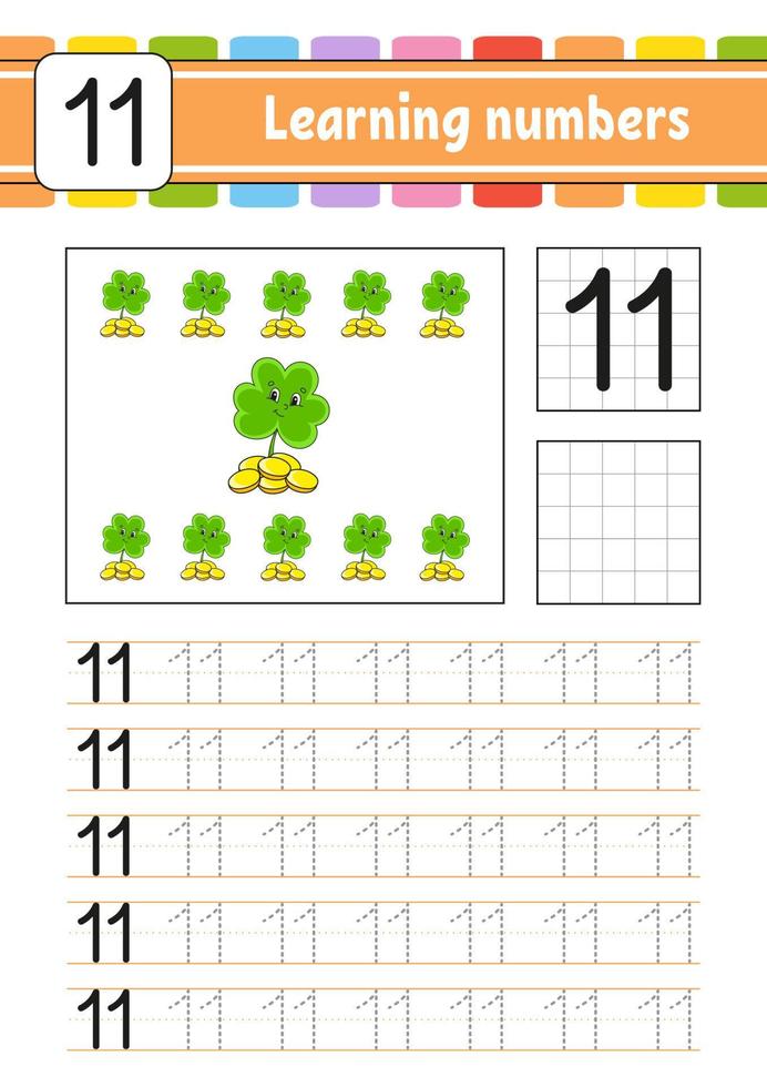 Trace and write numbers. Handwriting practice. Learning numbers for kids. Education developing worksheet. St. Patrick's day. Activity page. Isolated vector illustration in cute cartoon style.