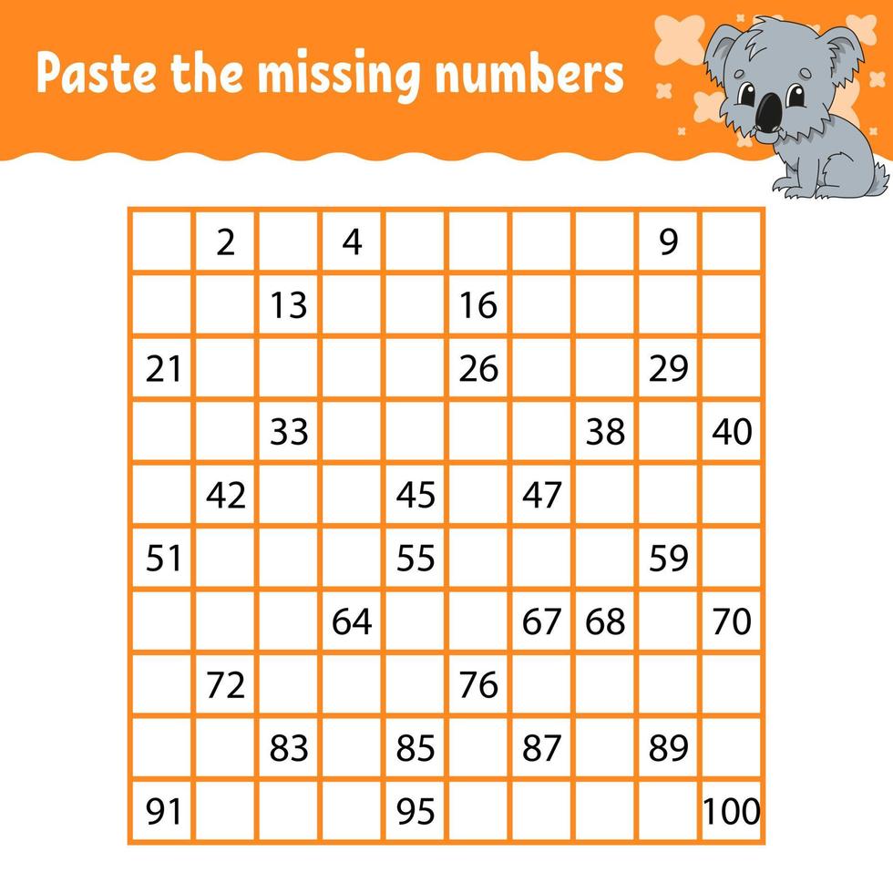 Paste the missing numbers from 1 to 100. Handwriting practice. Learning numbers for kids. Education developing worksheet. Activity page. Isolated vector illustration in cute cartoon style.