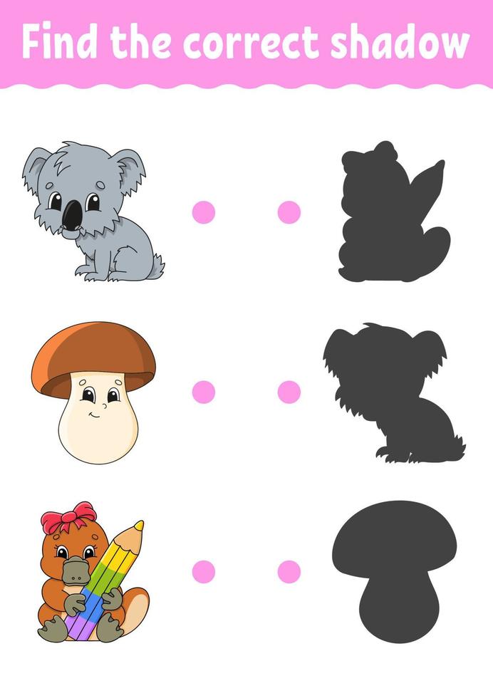 Find the correct shadow. Education developing worksheet. Matching game for kids. Color activity page. Puzzle for children. Cute character. Vector illustration. cartoon style.