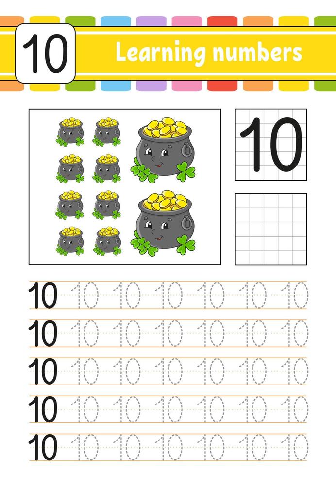 Trace and write numbers. Handwriting practice. Learning numbers for kids. Education developing worksheet. St. Patrick's day. Activity page. Isolated vector illustration in cute cartoon style.