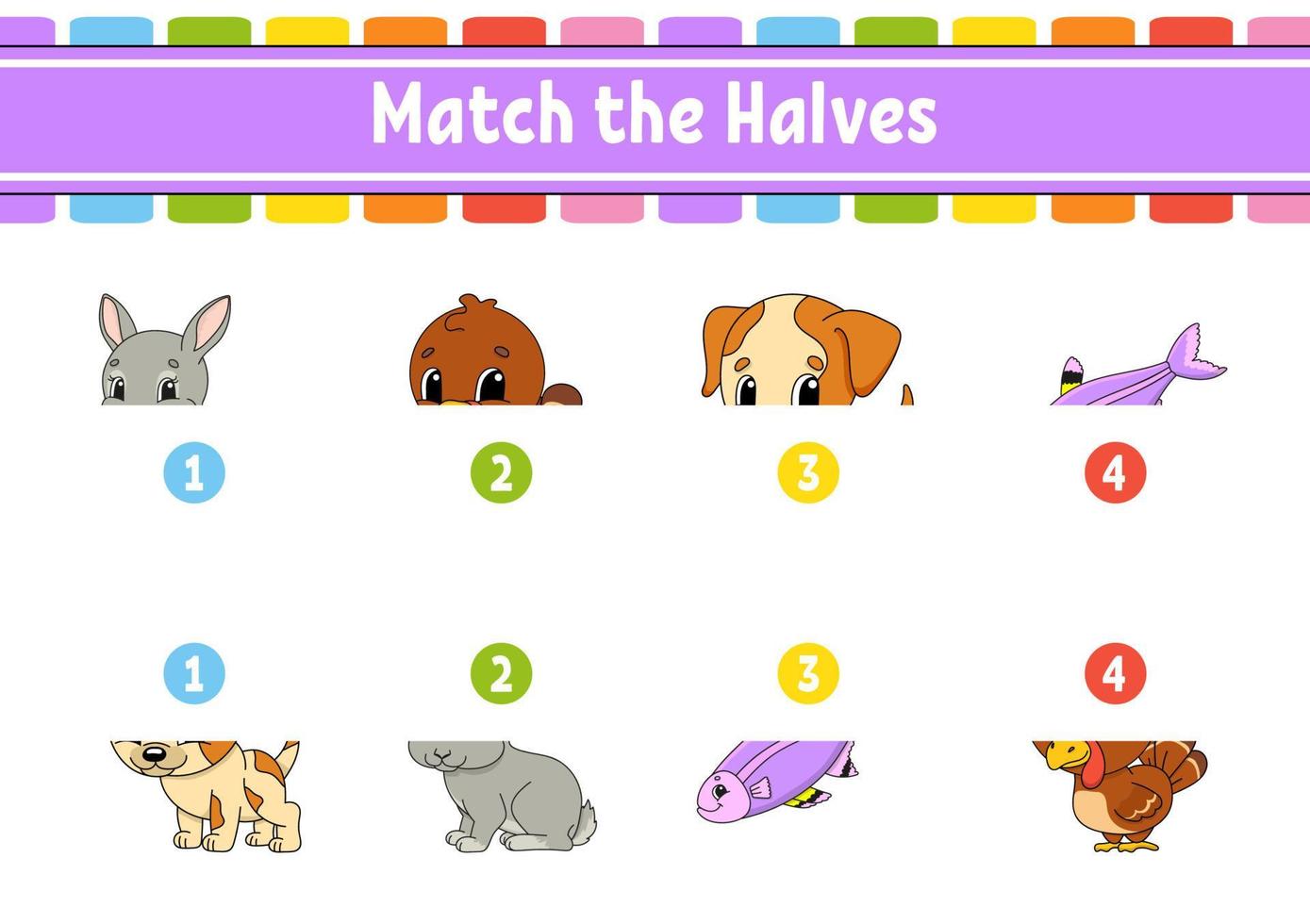 Match the halves. Education developing worksheet. Animal theme. Matching game for kids. Color activity page. Riddle for children. Cute character. Vector illustration. cartoon style.