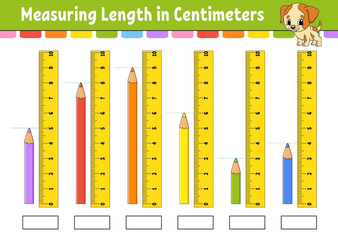 Measuring length in centimeter with ruler. Education developing worksheet. Game for kids. Color activity page. Puzzle for children. Cute character. Vector illustration. cartoon style.